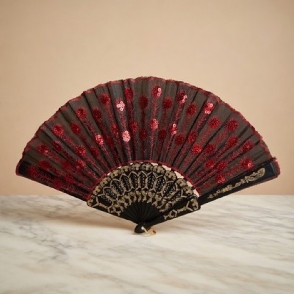 Spanish Black Red Embroidered Sequin Hand Fan 9.5" Artisan Decorative VG